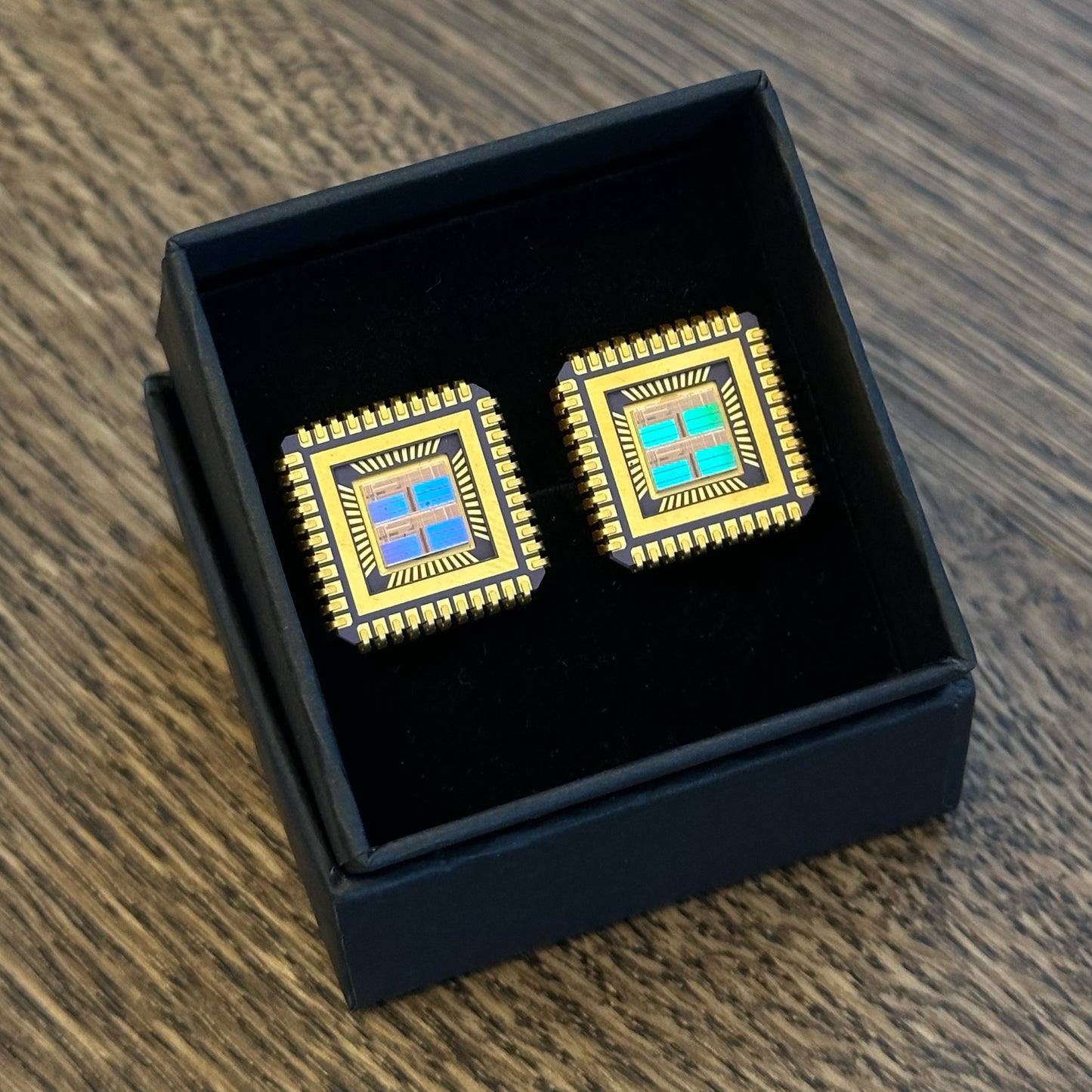 Cuff links with IC chip (Recycled from IC packaging and IC wafers)