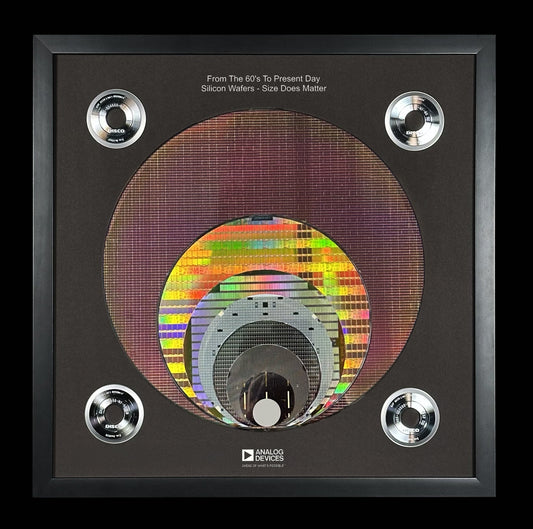 Silicon wafer size progression from 25mm to 300mm diameter showing the evolution of semiconductor manufacturing technology
