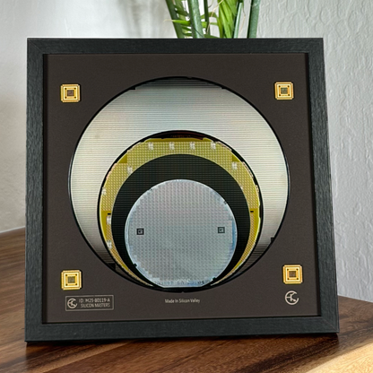 Close-up silicon wafer evolution 100-200mm framed progression display