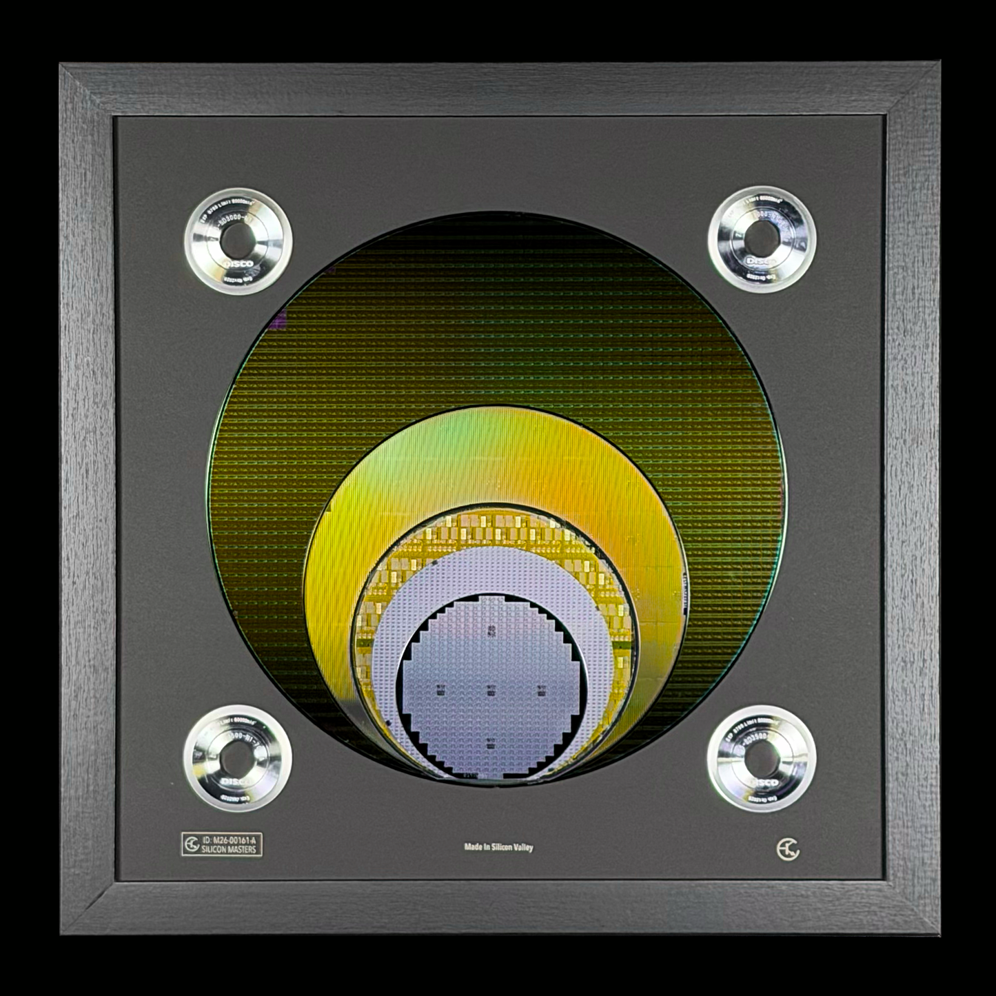 Close-up silicon wafer evolution 100-300mm framed progression display detail