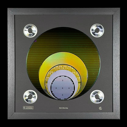 Close-up silicon wafer evolution 100-300mm framed progression display detail