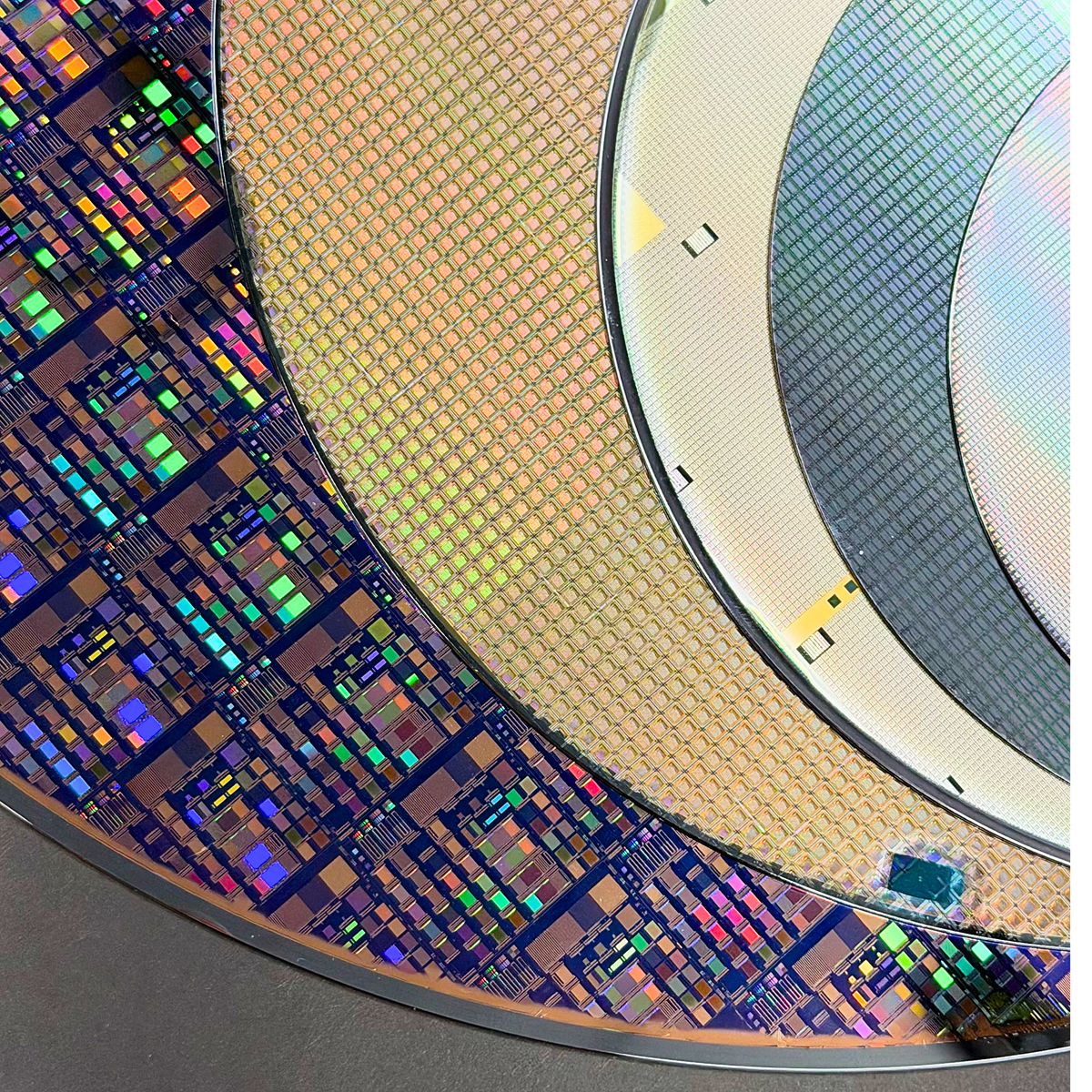 Framed silicon wafer evolution display 100-300mm multiple sizes in room Silicon Masters