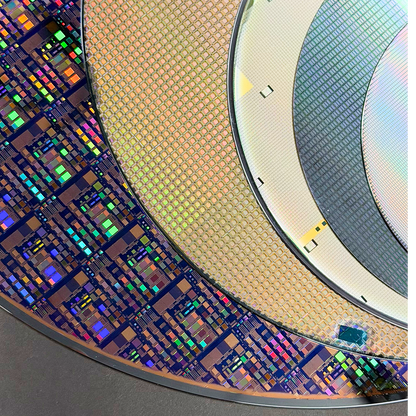 Framed silicon wafer evolution display 100-300mm multiple sizes in room Silicon Masters
