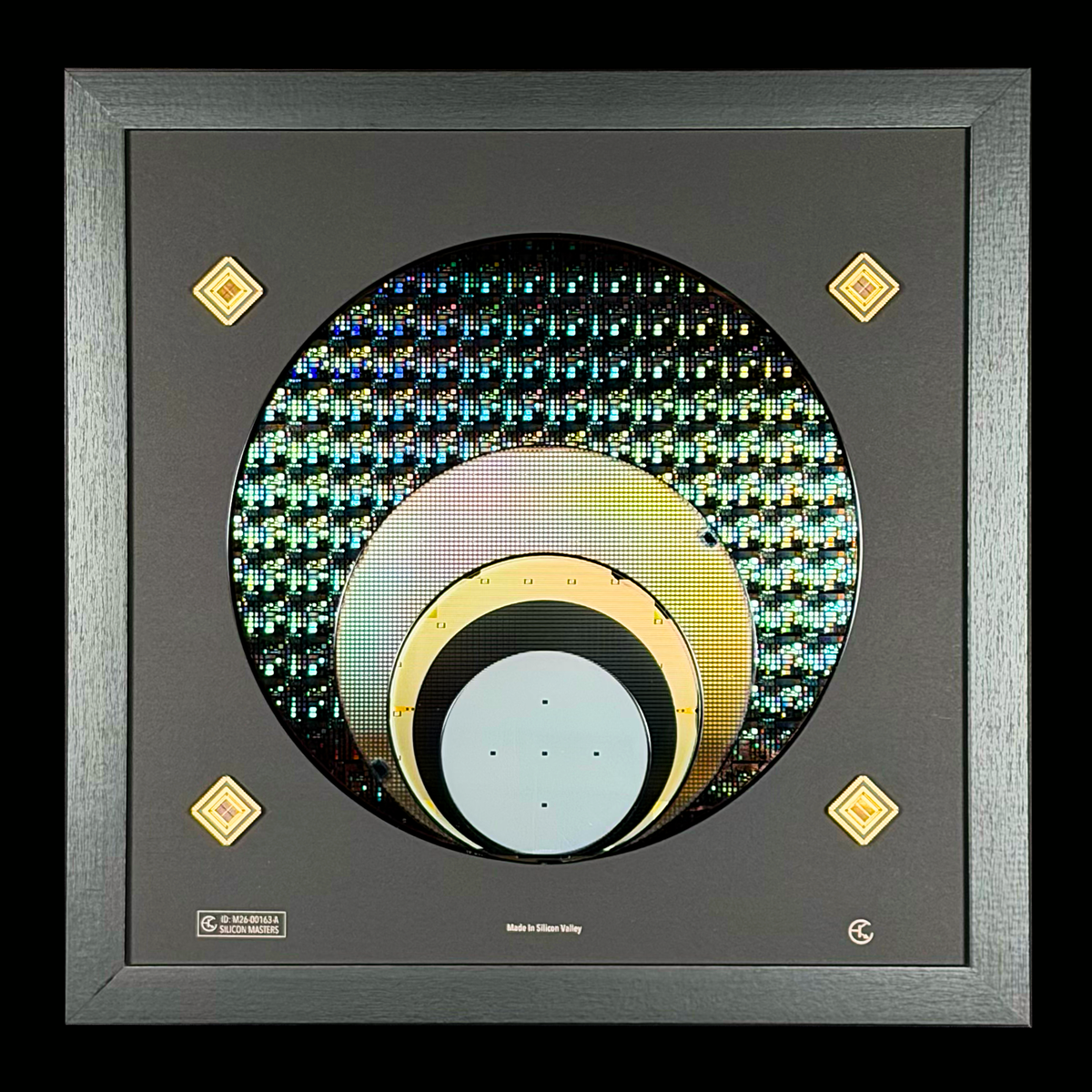 Close-up silicon wafer evolution display 100-300mm progression semiconductor art
