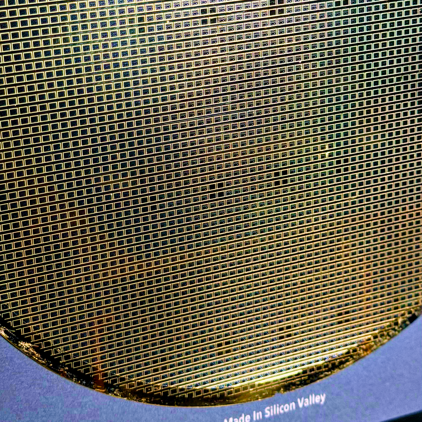 Silicon Masters 200mm framed wafer additional angle iridescent display