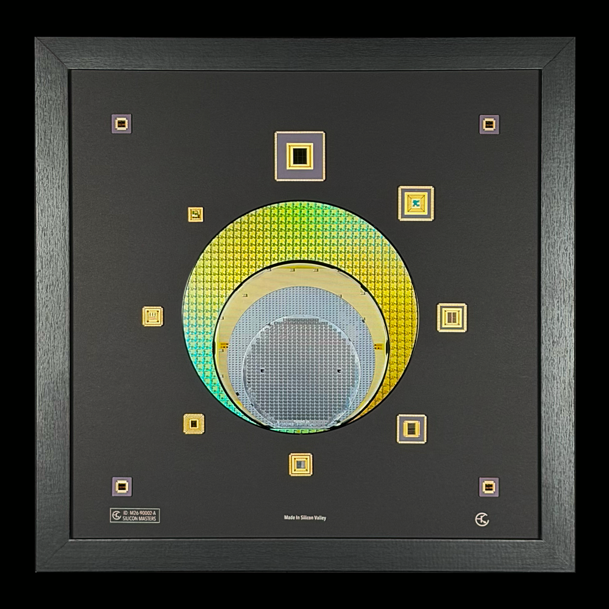 Close-up silicon wafer evolution 100-300mm framed progression semiconductor art