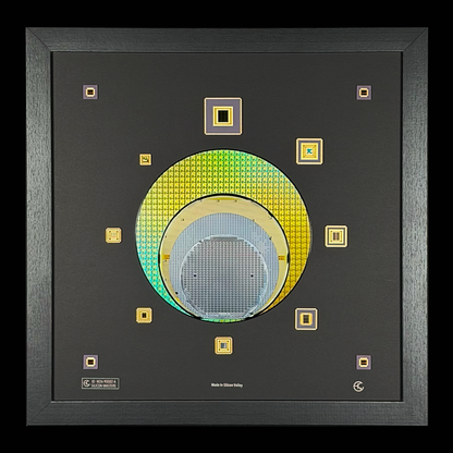 Close-up silicon wafer evolution 100-300mm framed progression semiconductor art