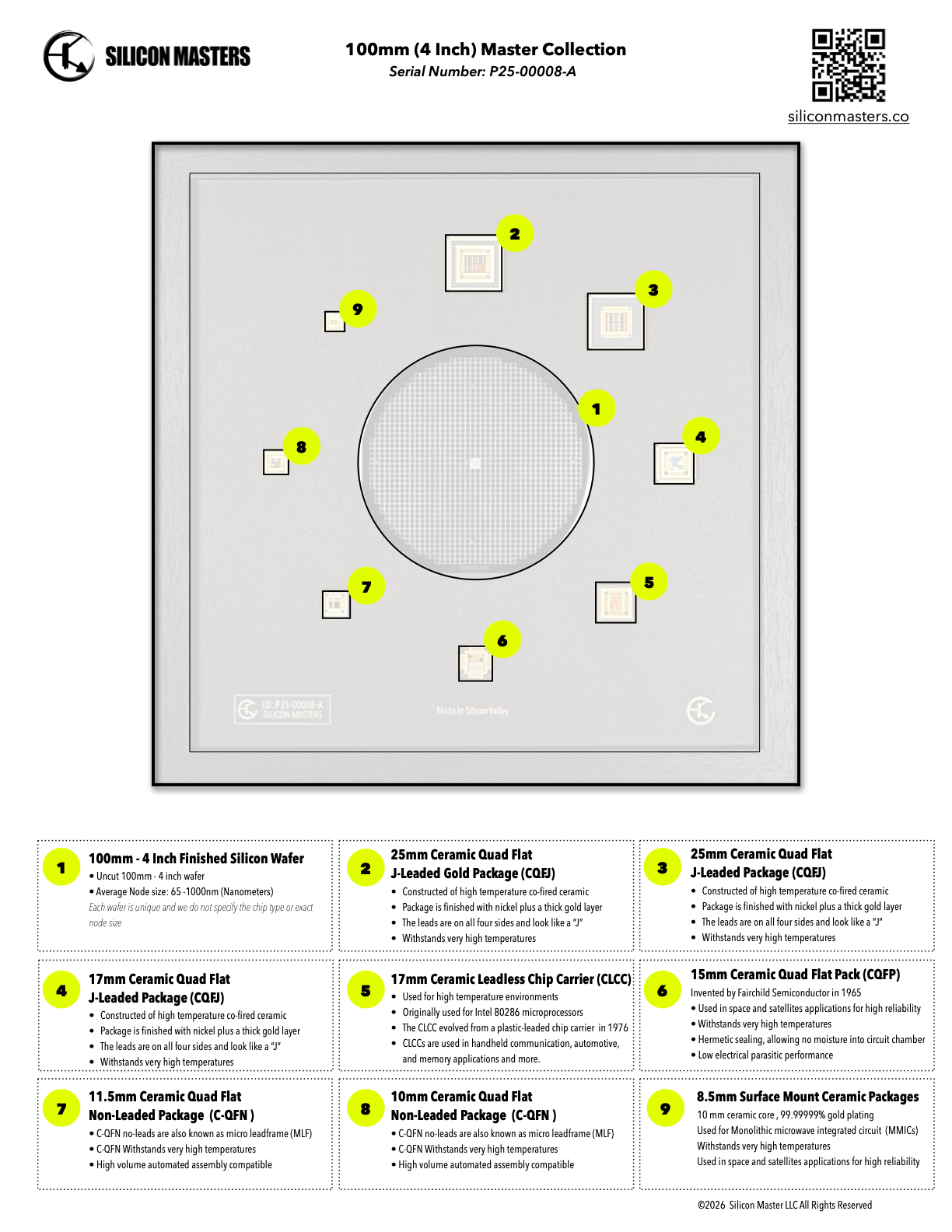Framed Silicon Wafer: 100mm Master Collection with Gold-Plated Chip packages