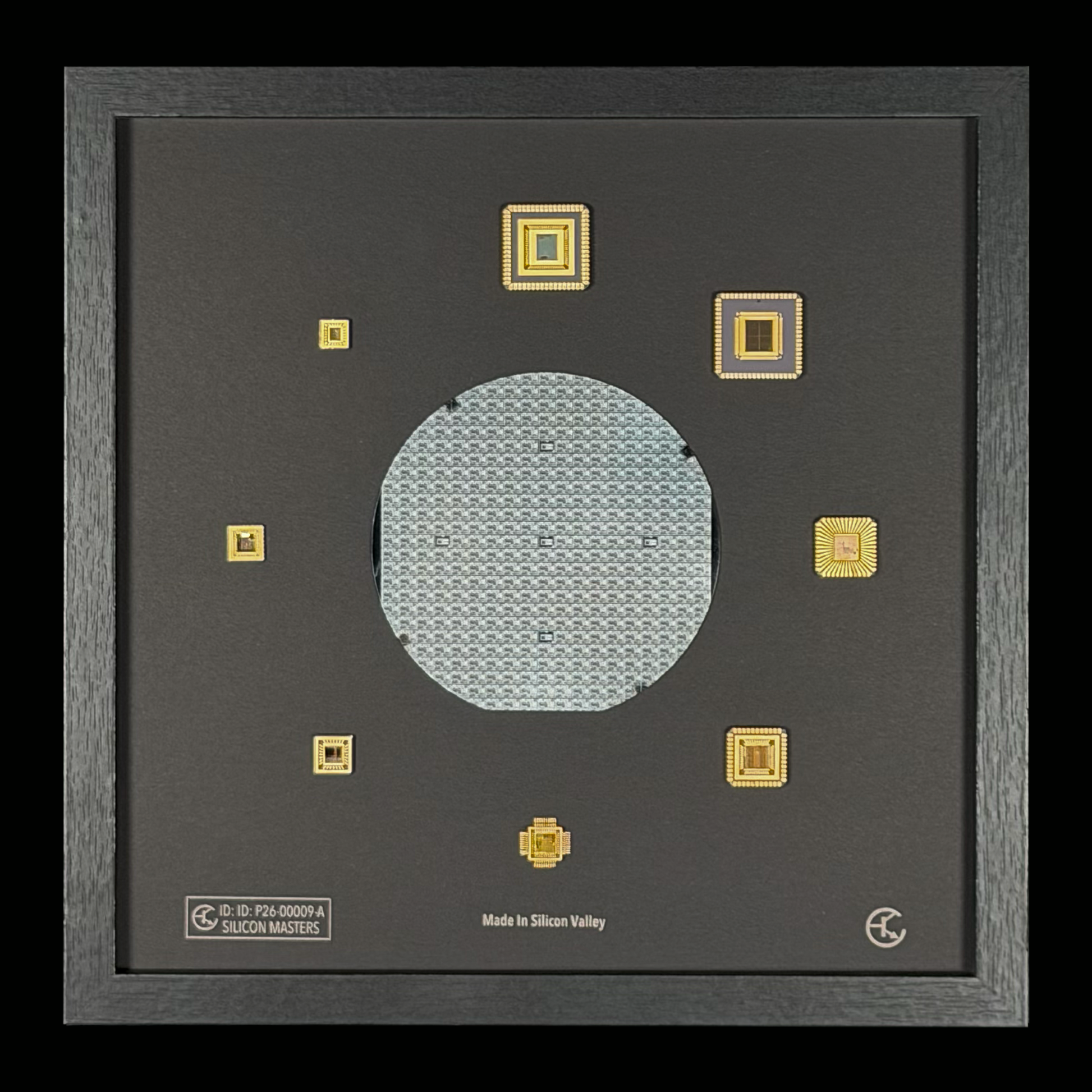 Close-up 100mm silicon wafer master collection gold-plated chip packages framed detail