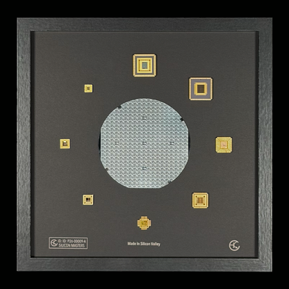 Close-up 100mm silicon wafer master collection gold-plated chip packages framed detail