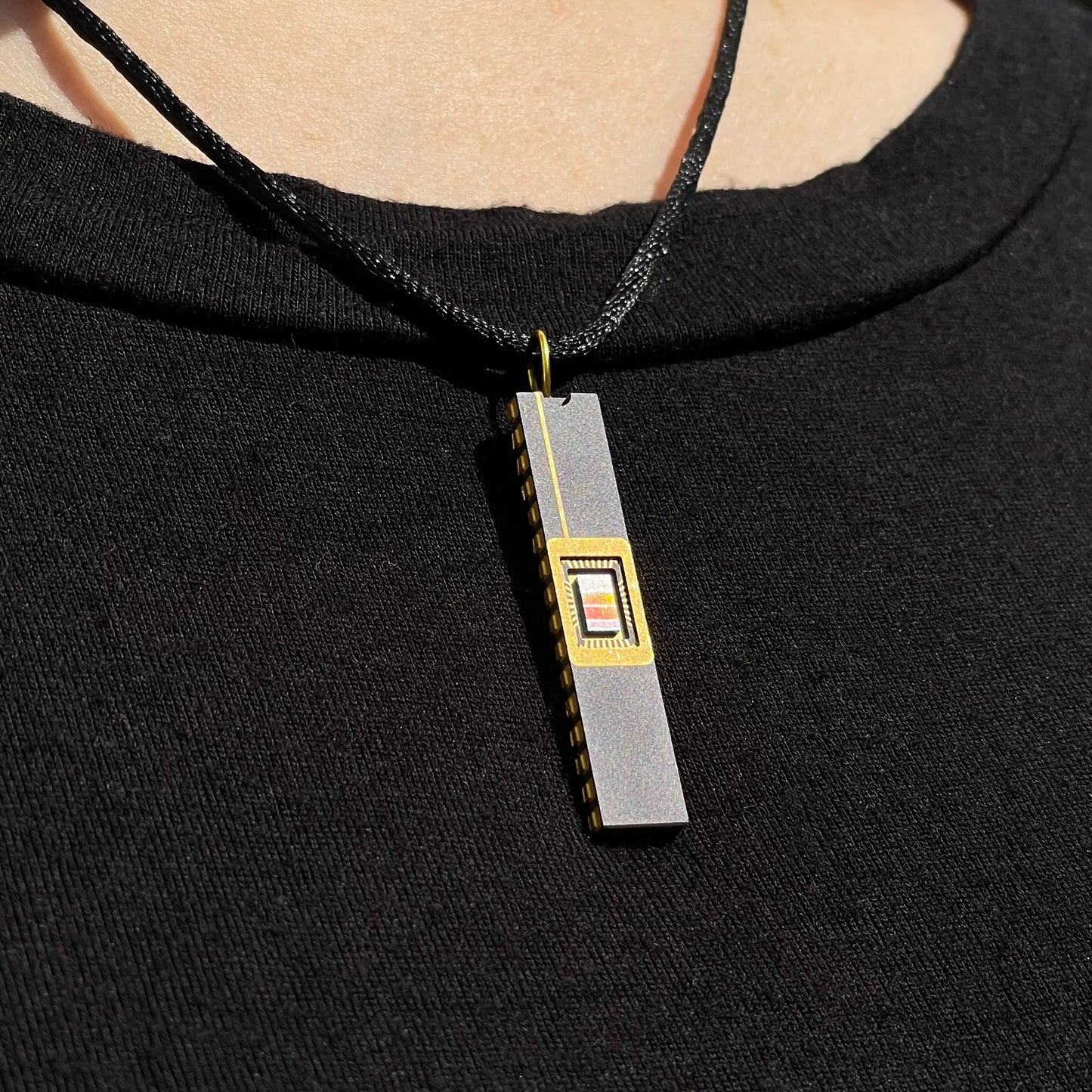 Long IC chip pendant necklace upcycled ceramic CQFP semiconductor jewelry gold plated Silicon Masters