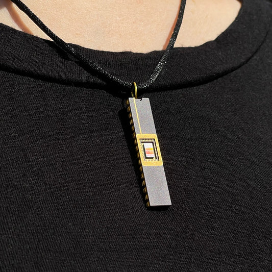 Long IC chip pendant necklace upcycled ceramic CQFP semiconductor jewelry gold plated Silicon Masters