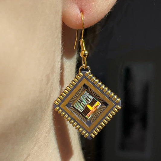 Nehkara IC chip earrings 17mm upcycled ceramic CQFJ semiconductor jewelry gold plated Silicon Masters