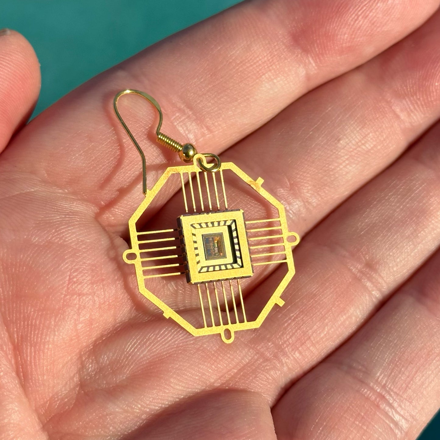 Space Tech Ultra Light Earrings Ocatgon with IC chip (Recycled from IC packaging and IC wafers)