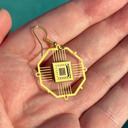 Space Tech Ultra Light Earrings Ocatgon with IC chip (Recycled from IC packaging and IC wafers)