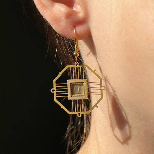 Space Tech Ultra Light Earrings Ocatgon with IC chip (Recycled from IC packaging and IC wafers)