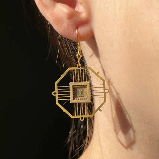 Space Tech octagon IC chip earrings ultra light upcycled lead frame semiconductor jewelry Silicon Masters