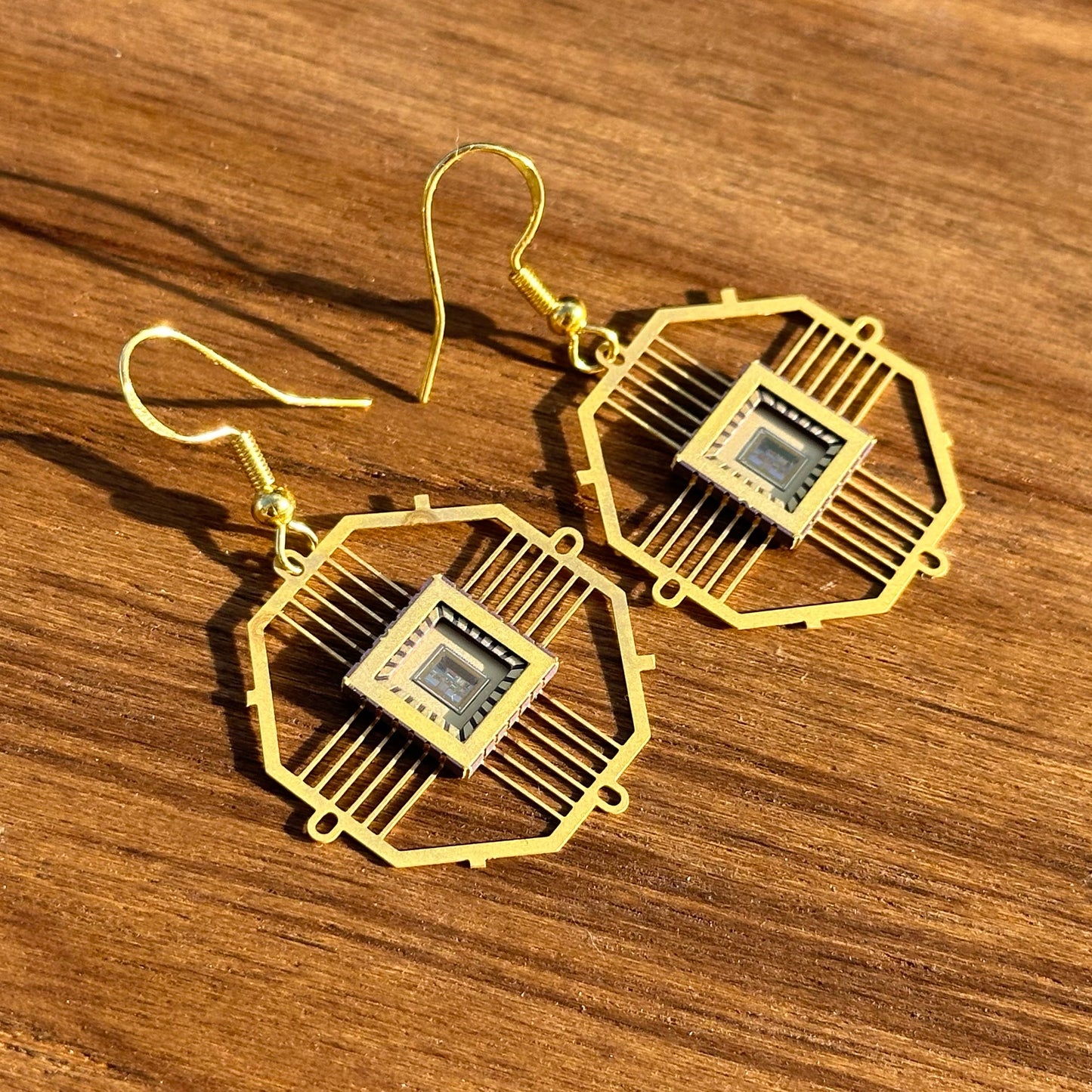 Space Tech Ultra Light Earrings Ocatgon with IC chip (Recycled from IC packaging and IC wafers)