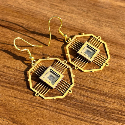 Space Tech Ultra Light Earrings Ocatgon with IC chip (Recycled from IC packaging and IC wafers)