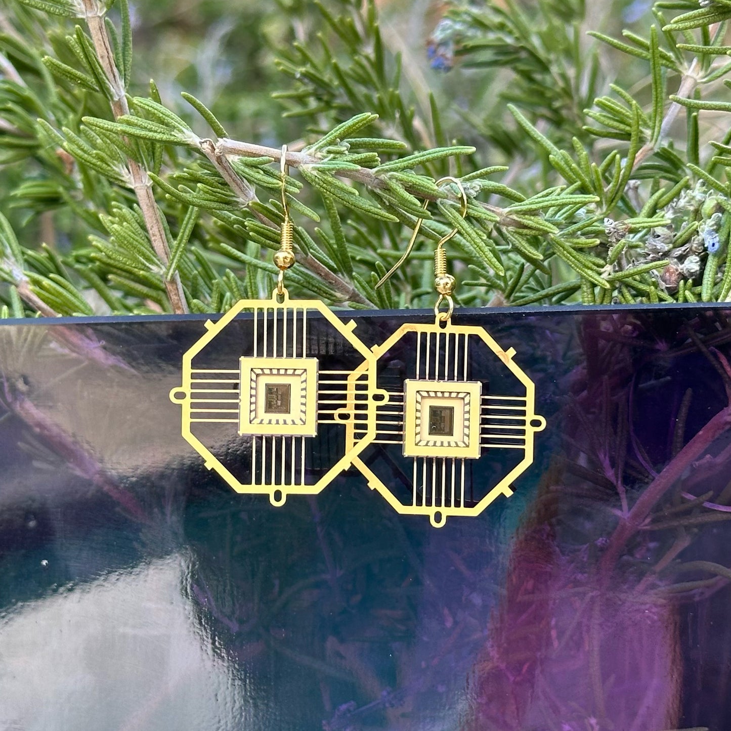 Space Tech Ultra Light Earrings Ocatgon with IC chip (Recycled from IC packaging and IC wafers)