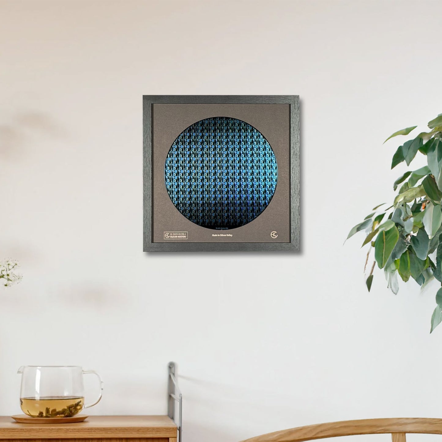Modern air purifier on a wall in a room with a wooden cabinet and plant