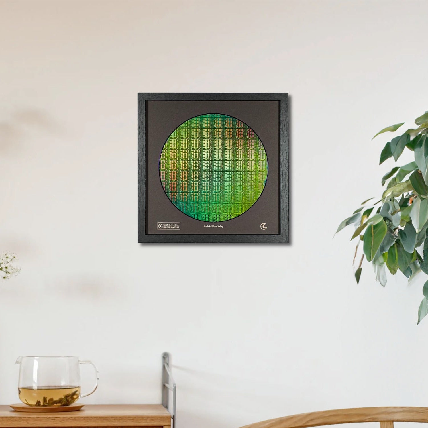 Decorative wall art piece with a circular design in a modern interior setting.