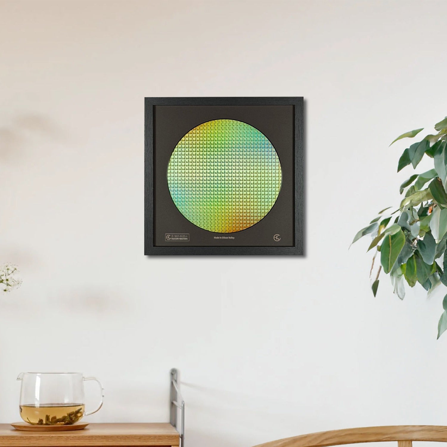 Decorative wall art with a colorful circular design in a modern living room.