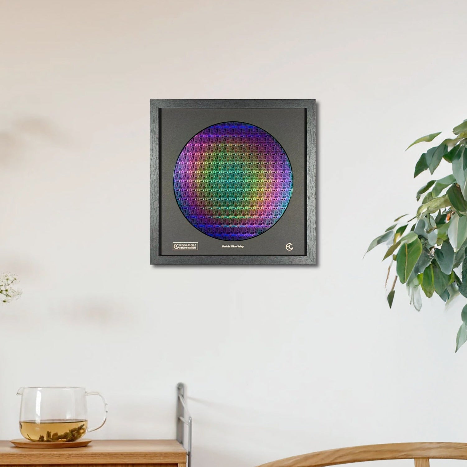 Decorative wall art with a colorful circular design in a modern living room setting.