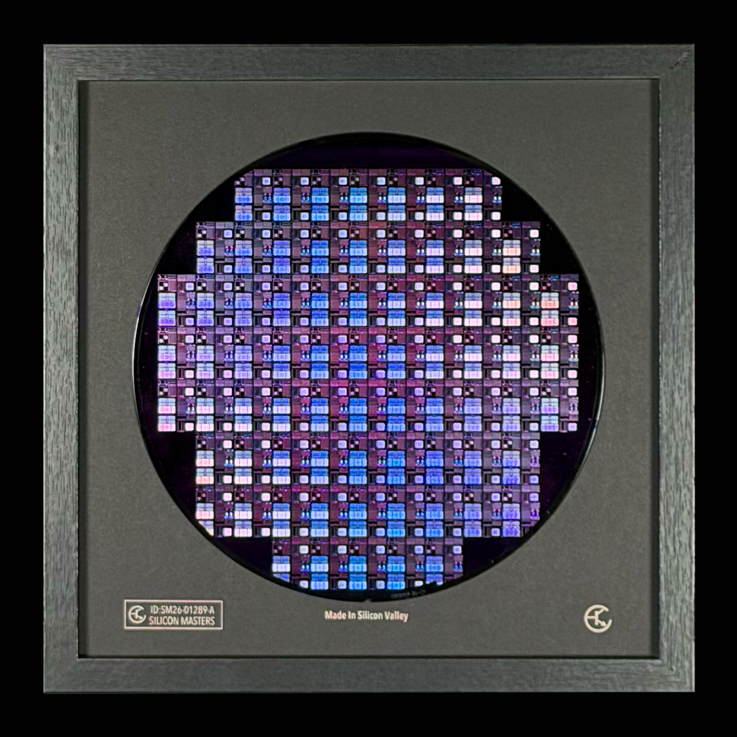 200mm Silicon Wafer Framed Wall Art — Multicolor Iridescent Display, Handmade in Silicon Valley