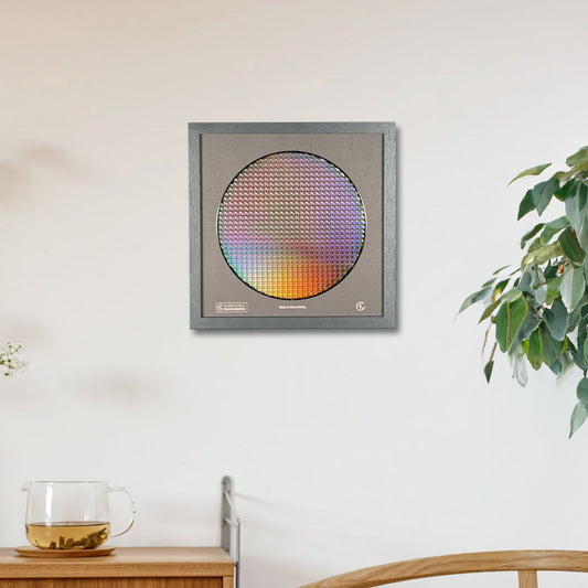 Decorative wall art with a colorful circular design in a modern interior setting.