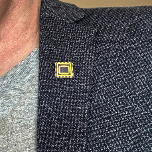 Silicon chip lapel bag pin upcycled ceramic IC chip gold plated Silicon Masters